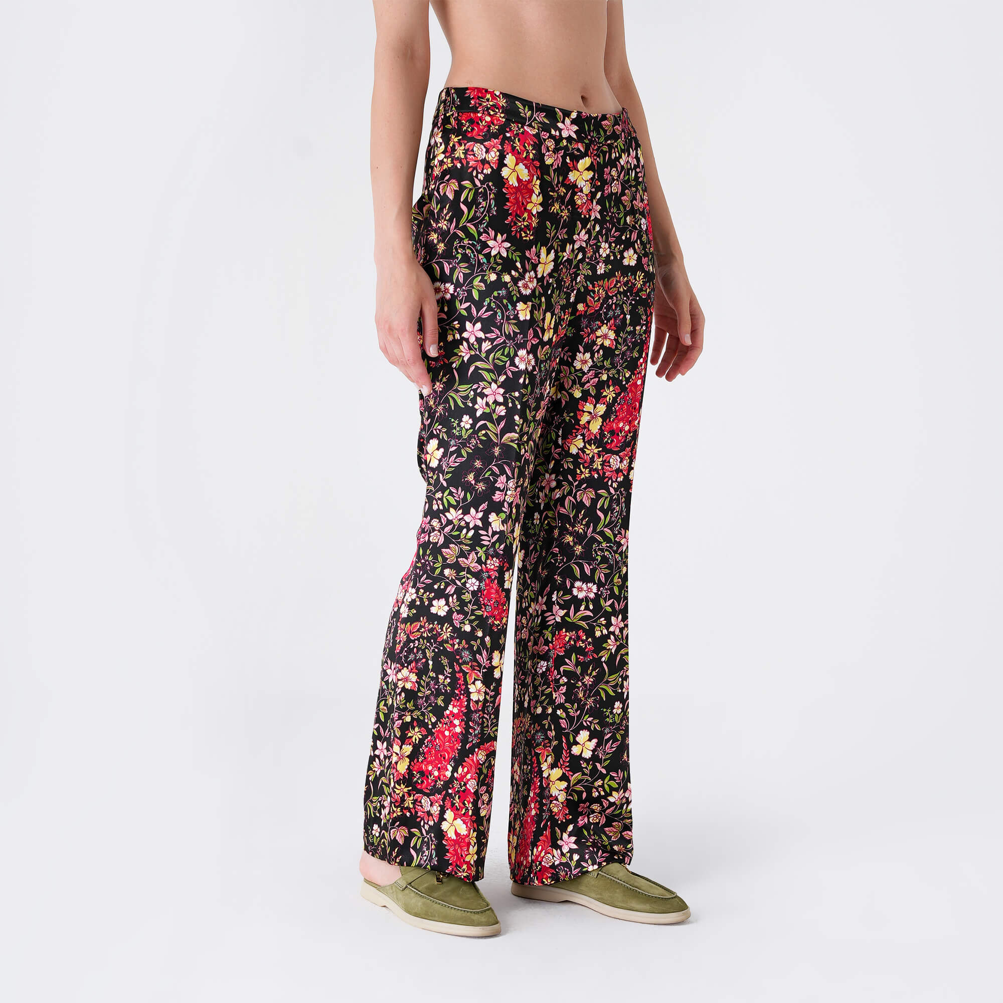 Etro - Black&Multicolor Floral Print Silk Pants